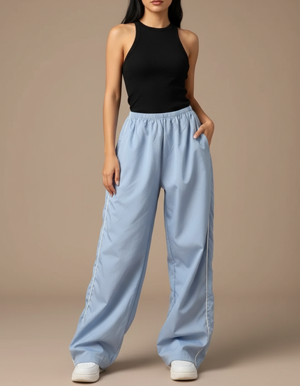 Pantalon Parachute Bleu Ciel Ample Rayures Blanches Fluide - Polyester