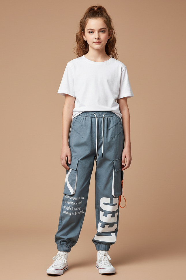 Pantalon Parachute Kaki Cargo Imprimé Ample Streetwear - Bleu Toile
