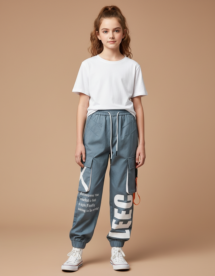 Pantalon Parachute Kaki Cargo Imprimé Ample Streetwear - Bleu Toile