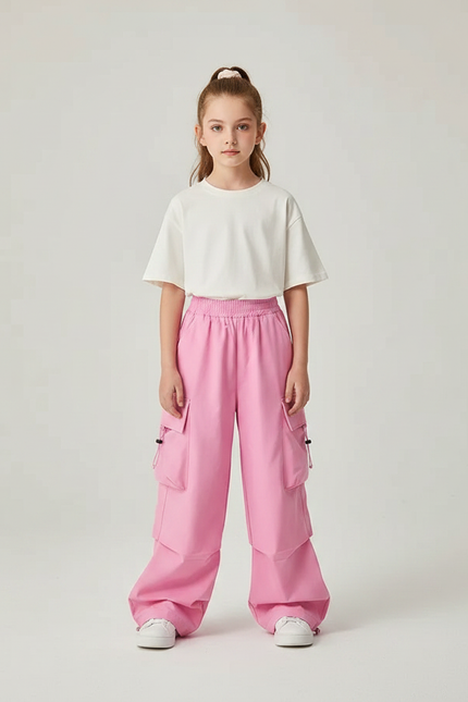 Pantalon Parachute Rose Cargo Ample Enfant Décontracté - Polyester