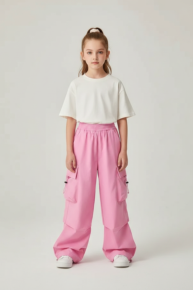 Pantalon Parachute Rose Cargo Ample Enfant Décontracté - Polyester