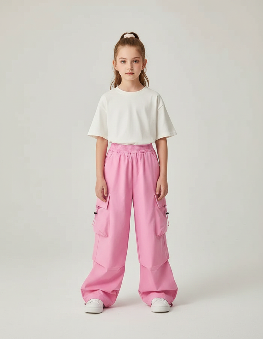 Pantalon Parachute Rose Cargo Ample Enfant Décontracté - Polyester