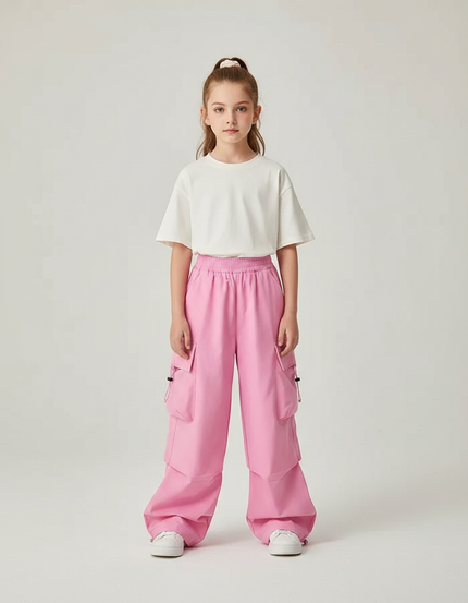 Pantalon Parachute Rose Cargo Ample Enfant Décontracté - Polyester