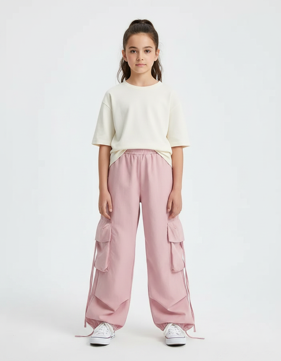 Pantalon Parachute Rose Ample Cargo Fille Décontracté - Polyester
