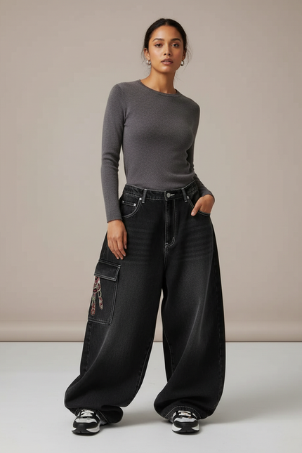 Pantalon Parachute Noir Délavé Ample Cargo Imprimé Femme - Jean