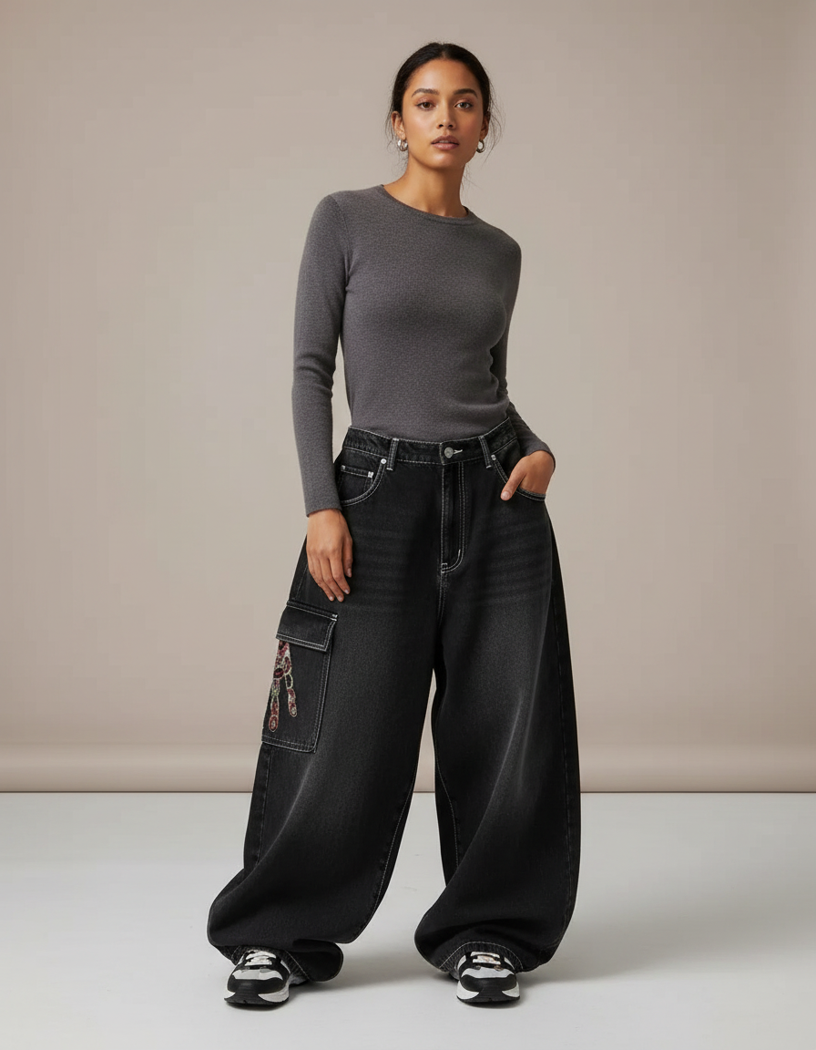 Pantalon Parachute Noir Délavé Ample Cargo Imprimé Femme - Jean