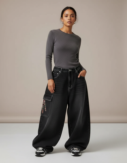 Pantalon Parachute Noir Délavé Ample Cargo Imprimé Femme - Jean
