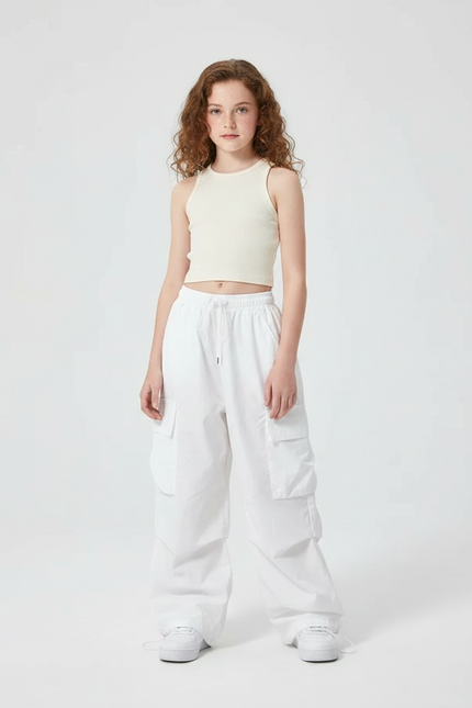 Pantalon Parachute Blanc Cargo Ample Poches Fille - Polyester