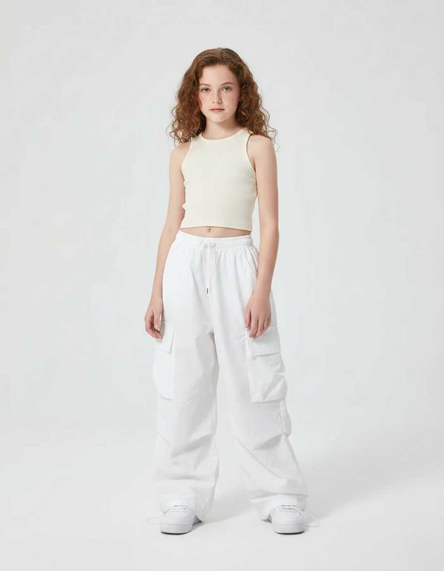 Pantalon Parachute Blanc Cargo Ample Poches Fille - Polyester