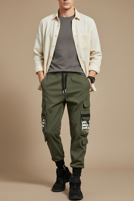 Pantalon Parachute Kaki Cargo Imprimé Cordon Homme - Polyester