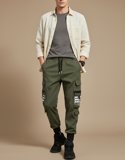 Pantalon Parachute Kaki Cargo Imprimé Cordon Homme - Polyester