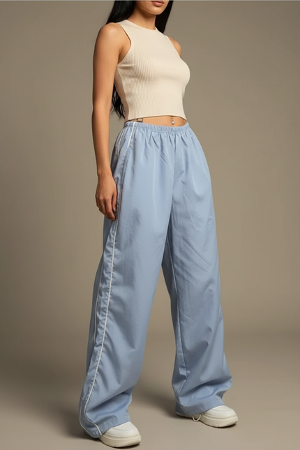 Pantalon Parachute Bleu Ciel Ample Fluide Décontracté Rayures - Polyester