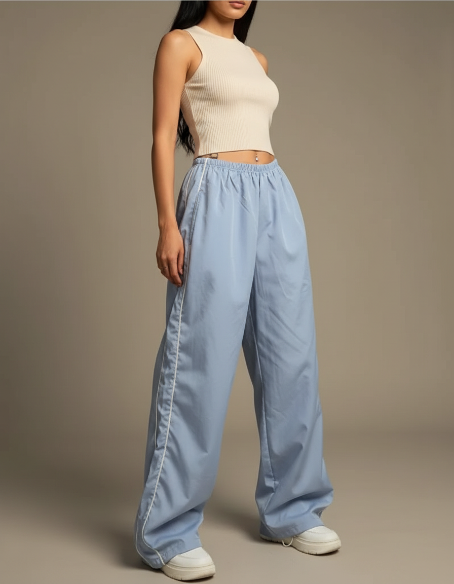 Pantalon Parachute Bleu Ciel Ample Fluide Décontracté Rayures - Polyester