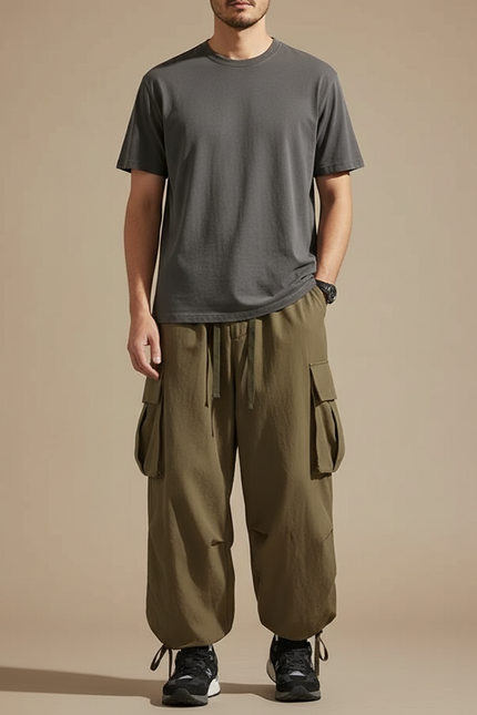 Pantalon Parachute Kaki Ample Streetwear Multipoches Homme - Toile