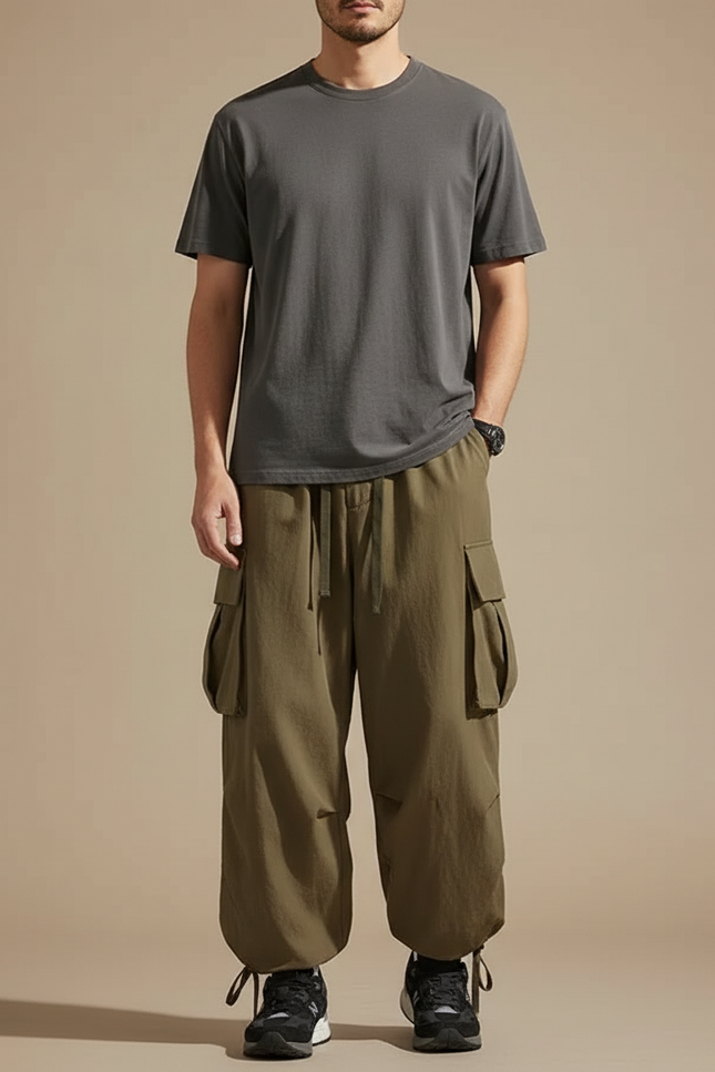 Pantalon Parachute Kaki Ample Streetwear Multipoches Homme - Toile