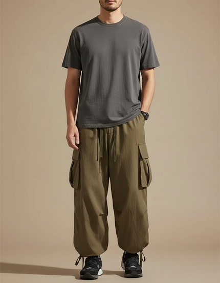 Pantalon Parachute Kaki Ample Streetwear Multipoches Homme - Toile