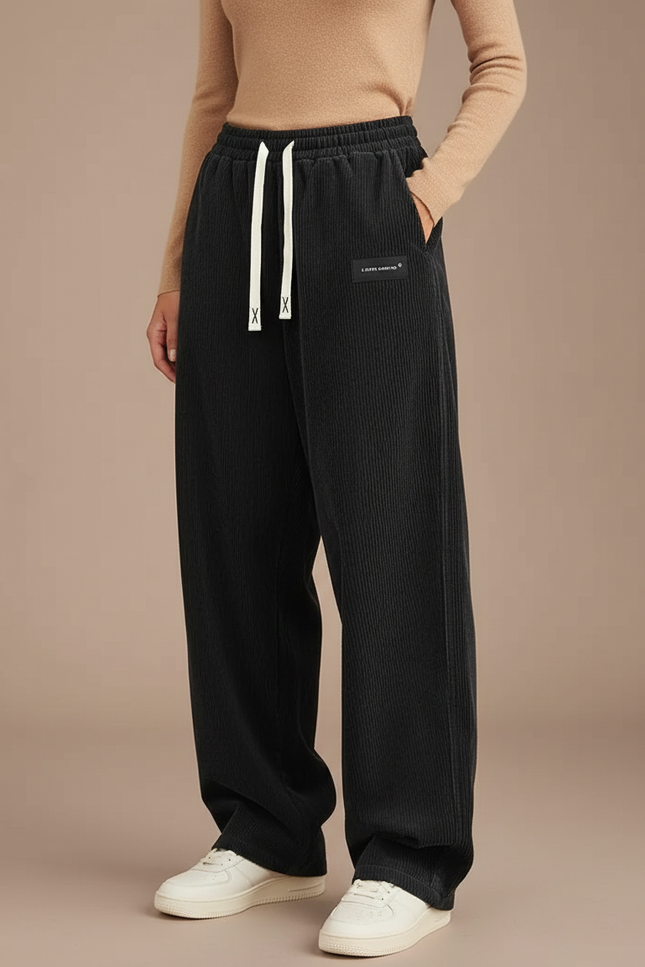 Pantalon Parachute Côtelé Noir Droit Ample Femme - Cordé