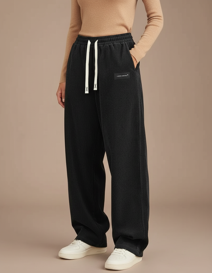 Pantalon Parachute Côtelé Noir Droit Ample Femme - Cordé
