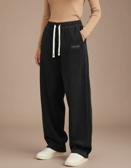 Pantalon Parachute Côtelé Noir Droit Ample Femme - Cordé
