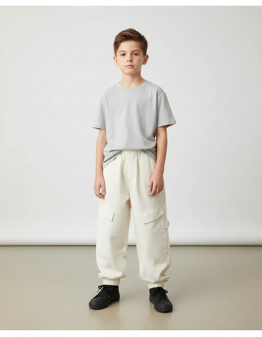 Pantalon Parachute Beige Cargo Ample Coton Enfant