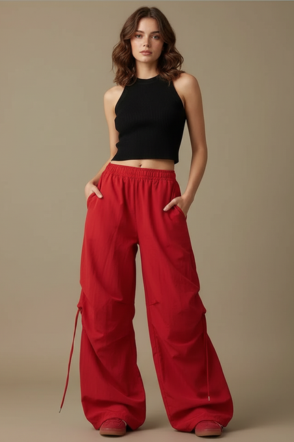 Pantalon Parachute Rouge Ample Taille Haute Streetwear - Polyester