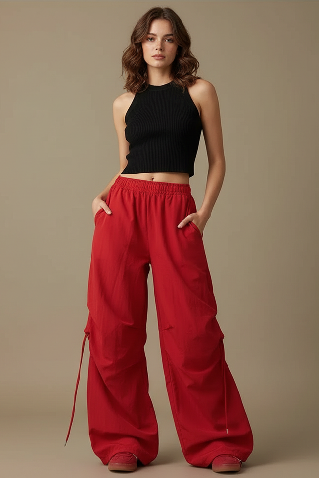 Pantalon Parachute Rouge Ample Taille Haute Streetwear - Polyester