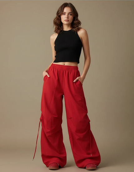 Pantalon Parachute Rouge Ample Taille Haute Streetwear - Polyester