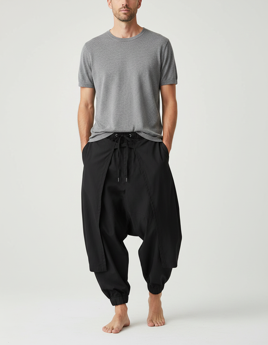 Pantalon Parachute Noir Ample Sarouel Décontracté Homme - Polyester