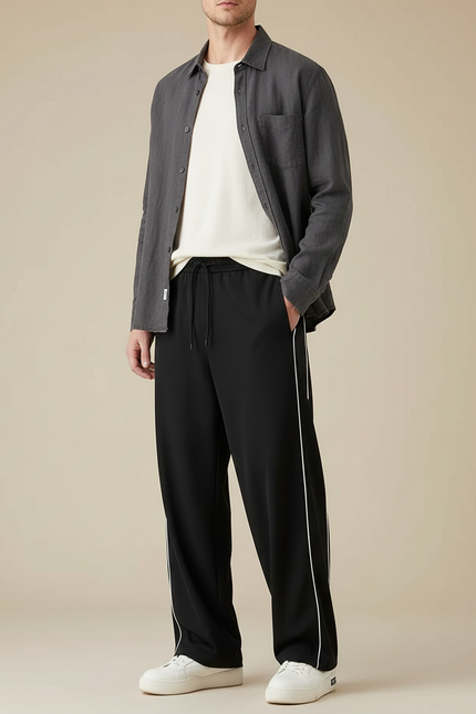 Pantalon Parachute Noir Ample Rayures Homme Sport - Polyester
