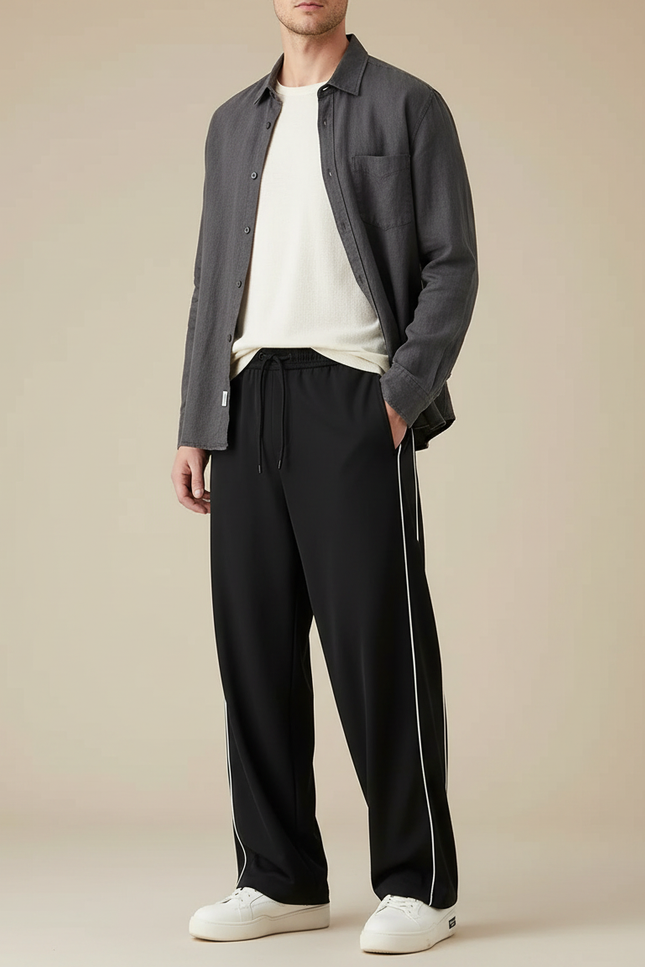 Pantalon Parachute Noir Ample Rayures Homme Sport - Polyester