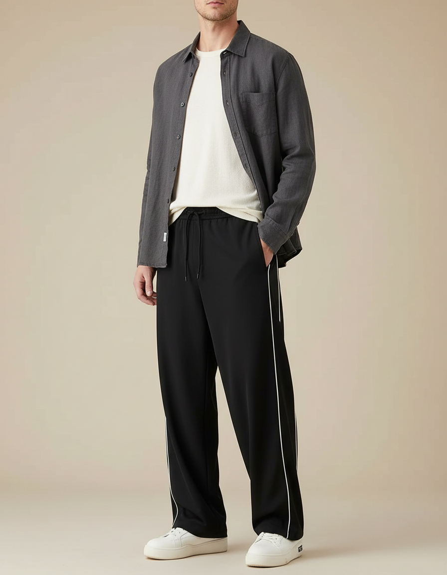 Pantalon Parachute Noir Ample Rayures Homme Sport - Polyester