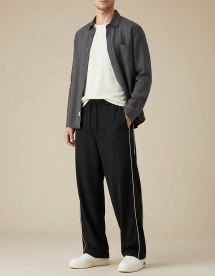 Pantalon Parachute Noir Ample Rayures Homme Sport - Polyester