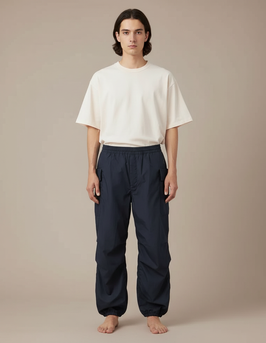 Pantalon Parachute Homme Bleu Marine Ample Cargo - Polyester
