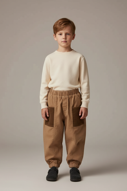 Pantalon Parachute Marron Ample Poches Garçon Décontracté - Gabardine
