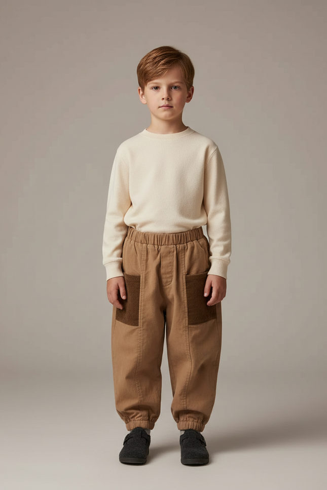Pantalon Parachute Marron Ample Poches Garçon Décontracté - Gabardine