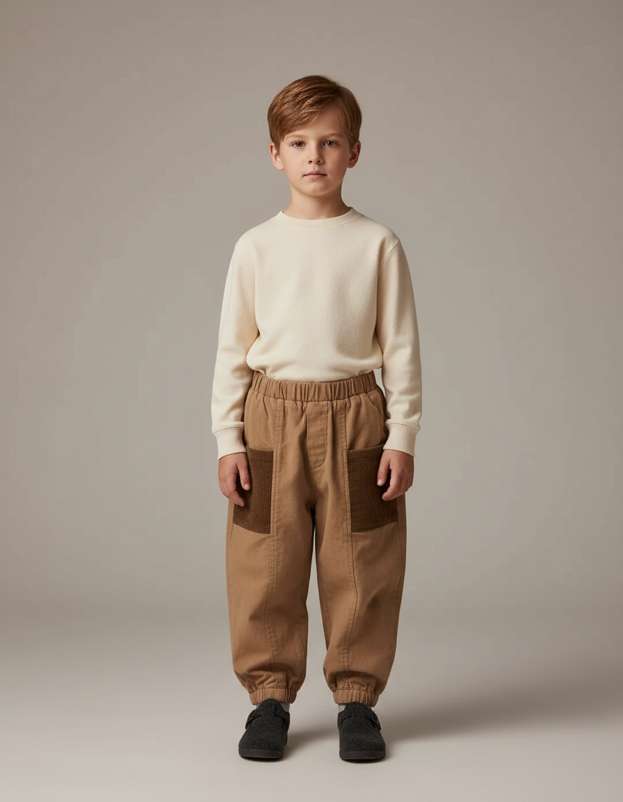 Pantalon Parachute Marron Ample Poches Garçon Décontracté - Gabardine