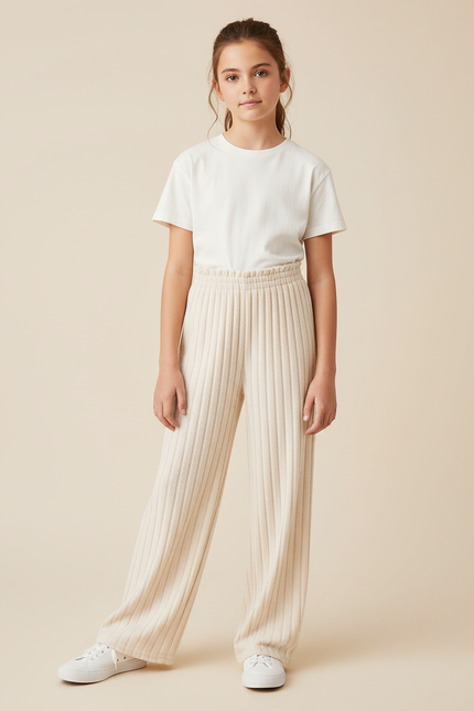 Pantalon Parachute Crème Côtelé Ample Fille - Beige Maille