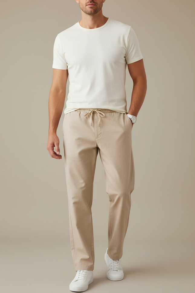Pantalon Parachute Beige Coton Droit Décontracté Homme
