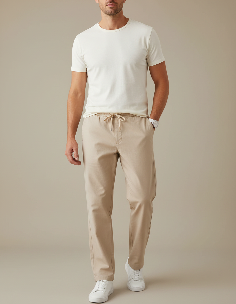 Pantalon Parachute Beige Coton Droit Décontracté Homme
