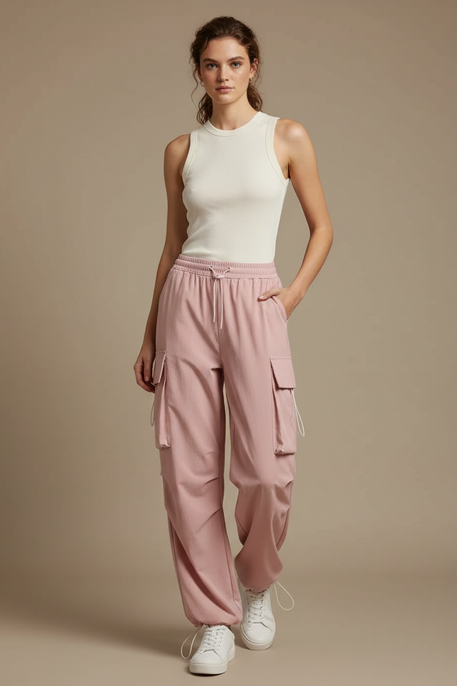 Pantalon Parachute Rose Cargo Ample Fluide Femme - Polyester