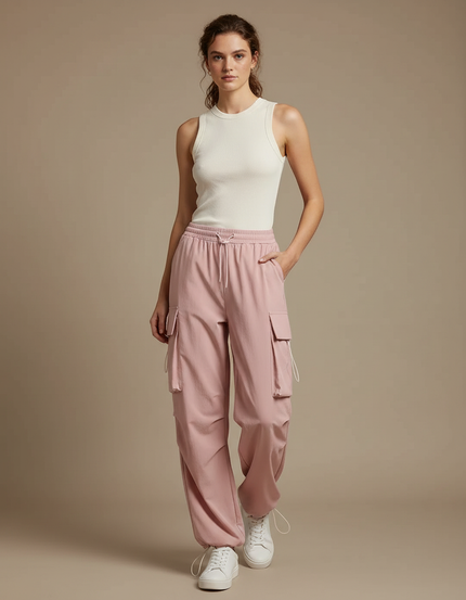 Pantalon Parachute Rose Cargo Ample Fluide Femme - Polyester
