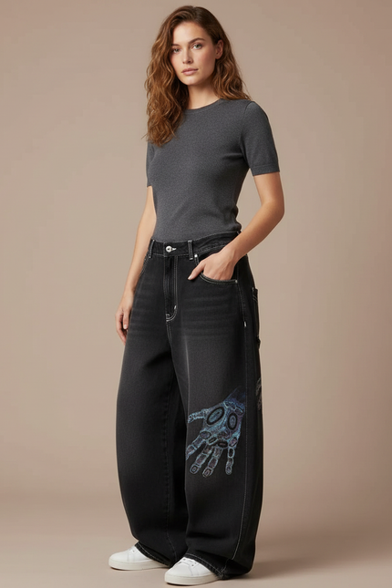 Pantalon Parachute Noir Délavé Imprimé Ample Femme - Jean