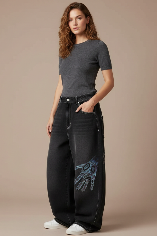 Pantalon Parachute Noir Délavé Imprimé Ample Femme - Jean