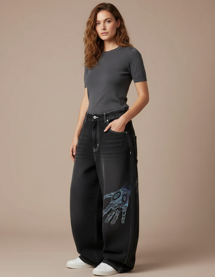 Pantalon Parachute Noir Délavé Imprimé Ample Femme - Jean