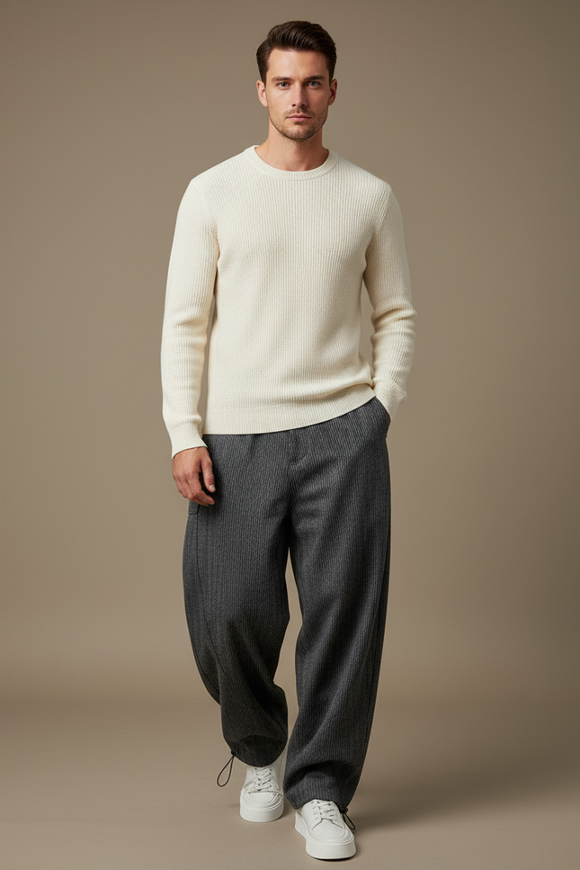 Pantalon Parachute Gris Laine Rayé Ample Homme