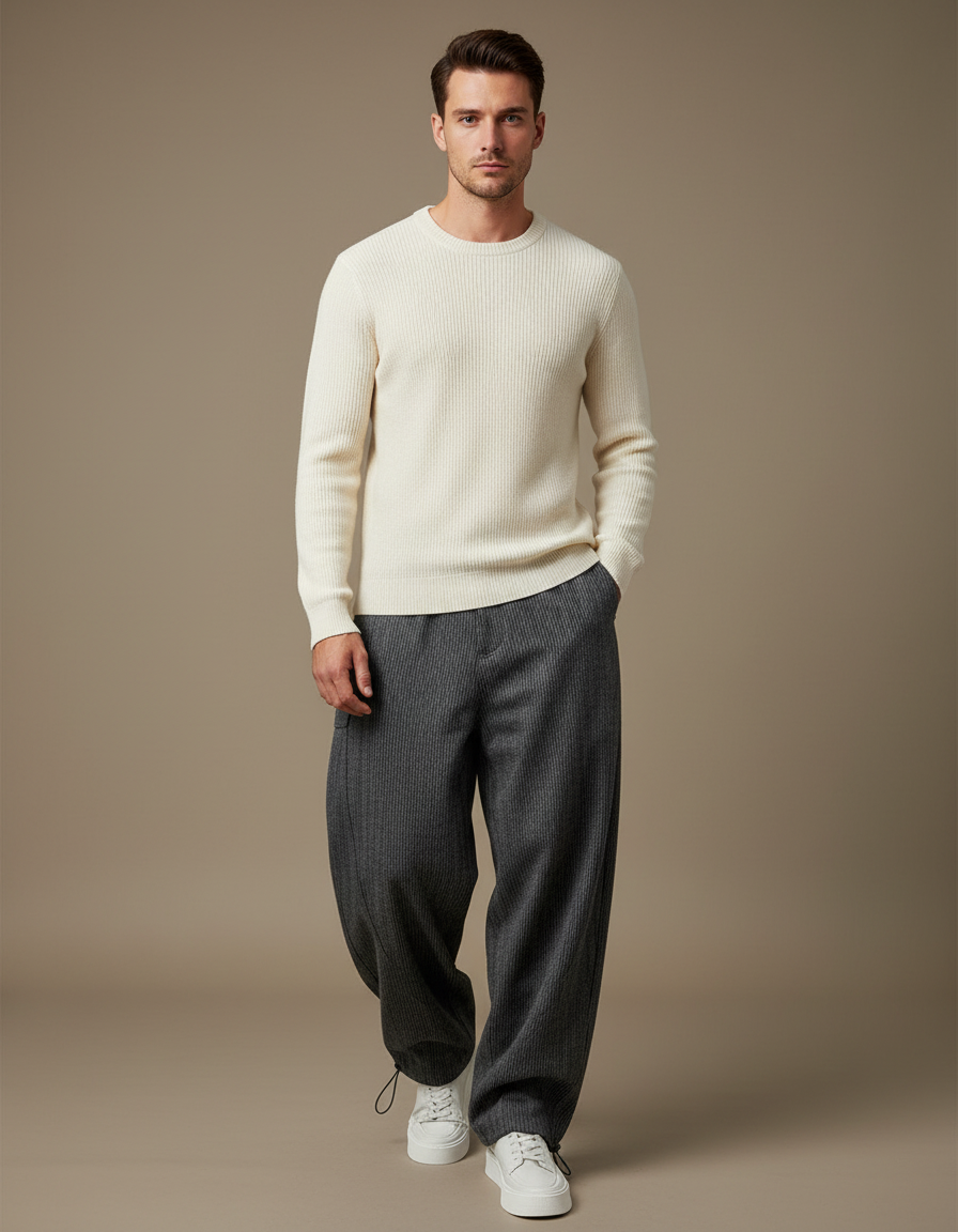 Pantalon Parachute Gris Laine Rayé Ample Homme