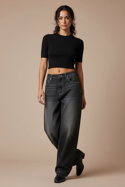 Pantalon Parachute Gris Délavé Ample Streetwear Femme - Jean