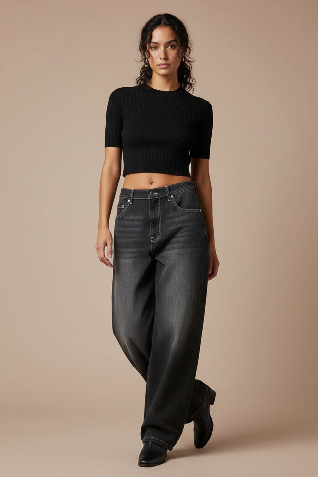 Pantalon Parachute Gris Délavé Ample Streetwear Femme - Jean
