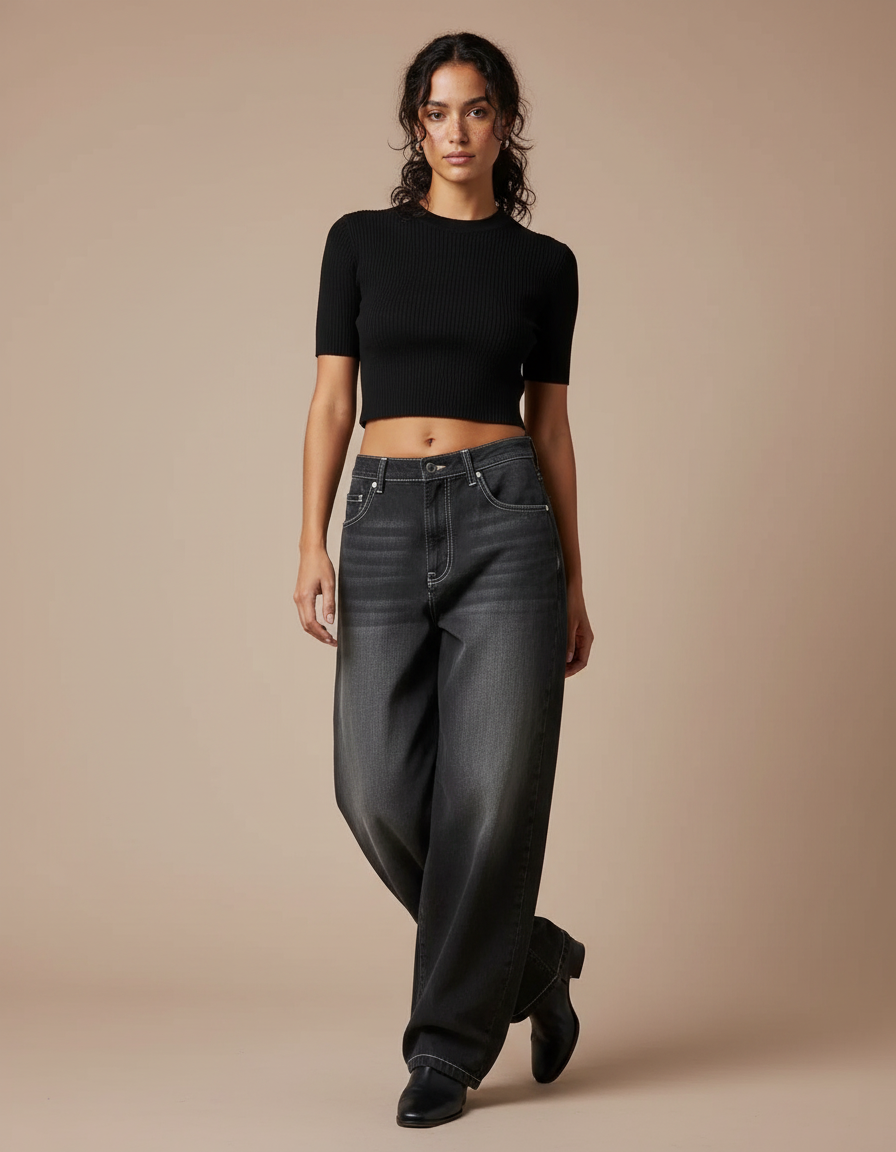 Pantalon Parachute Gris Délavé Ample Streetwear Femme - Jean