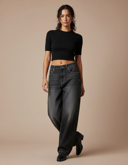 Pantalon Parachute Gris Délavé Ample Streetwear Femme - Jean